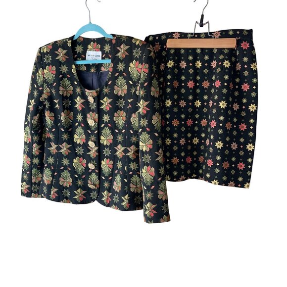 Victor Costa Vintage Womens Skirt Suit Size 10 Multicolor Brocade Star Print - Picture 16 of 16